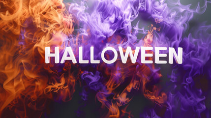 Wall Mural - eerie halloween neon text surrounded by mystical orange and purple smoke