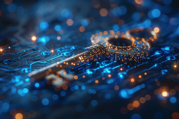 Key in blue technology background. Digital security and data protection concept.  