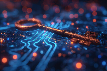 Key in blue technology background. Digital security and data protection concept.  