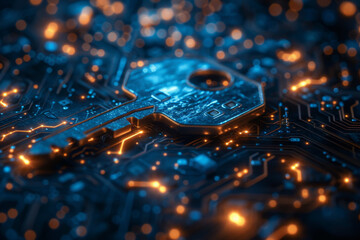 Key in blue technology background. Digital security and data protection concept.  