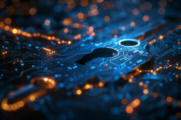Key in blue technology background. Digital security and data protection concept.  