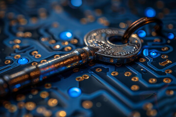 Key in blue technology background. Digital security and data protection concept.  