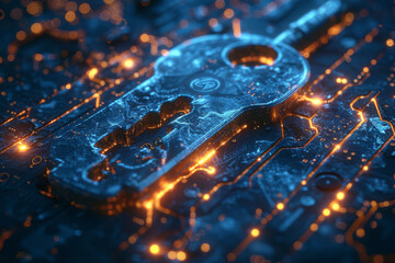 Key in blue technology background. Digital security and data protection concept.  