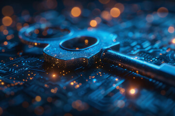 Key in blue technology background. Digital security and data protection concept.  
