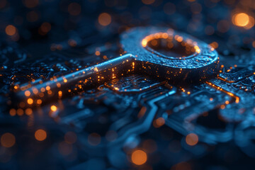 Key in blue technology background. Digital security and data protection concept.  