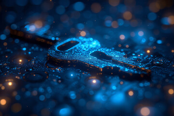 Key in blue technology background. Digital security and data protection concept.  
