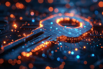Key in blue technology background. Digital security and data protection concept.  