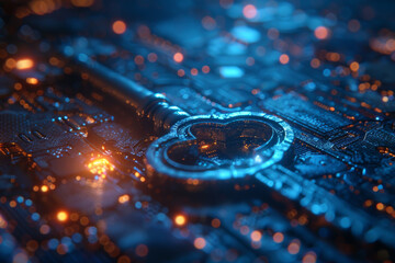 Key in blue technology background. Digital security and data protection concept.  