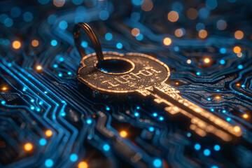 Key in blue technology background. Digital security and data protection concept.  