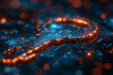 Key in blue technology background. Digital security and data protection concept.  