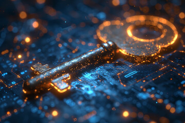 Key in blue technology background. Digital security and data protection concept.  