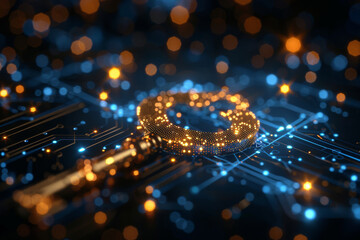Key in blue technology background. Digital security and data protection concept.  