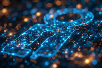 Key in blue technology background. Digital security and data protection concept.  