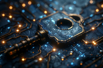 Key in blue technology background. Digital security and data protection concept.  