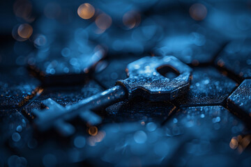Key in blue technology background. Digital security and data protection concept.  