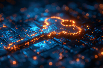 Key in blue technology background. Digital security and data protection concept.  