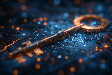 Key in blue technology background. Digital security and data protection concept.  