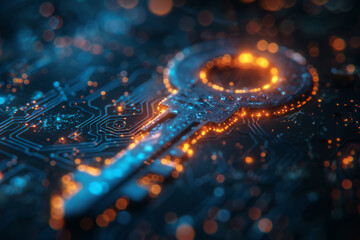 Key in blue technology background. Digital security and data protection concept.  