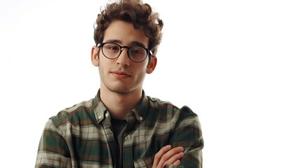 Wall Mural - Happy successful young man in glasses standing isolated on white background. Mask included