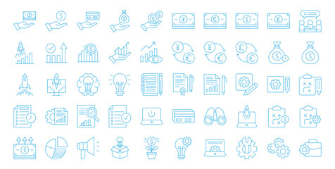  Startup icon set. Containing innovation, business plan, investment, launch, funding, investor and entrepreneurship icons. 