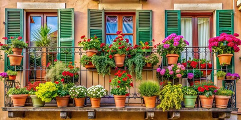 Poster - Italian house summer window balcony garden box decorated with flowers and plants in colored pots, Italy, house, summer