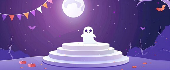 Wall Mural - podium with the moon, pumpkins and ghosts on a purple background for a Halloween advertising banner or promotion sale template. bunting flag , concept design with a spooky theme background.