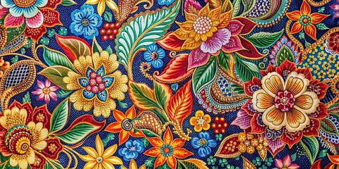 Wall Mural - Colorful batik fabric with intricate floral patterns, batik, fabric, patterns, colorful, traditional, textile, design, background