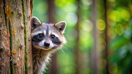 Poster - Playful raccoon peeking out from behind a tree in the forest, raccoon, wildlife, animal, forest, cute, furry, nature, outdoor