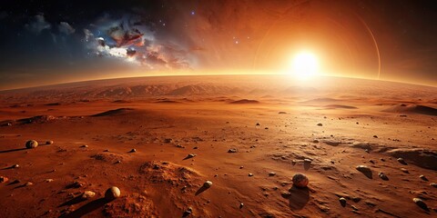 Wall Mural - mars surface at sunset, rendering of martian landscape , mars, surface, sunset, panorama, planet, al