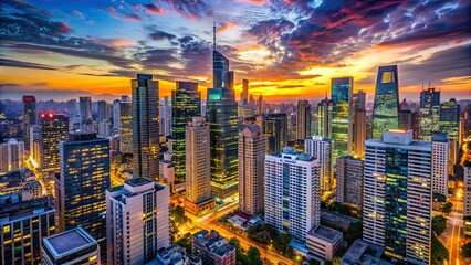 Sticker - Vibrant metropolis at twilight with high-rise buildings, cityscape, urban, skyscrapers, modern, night lights