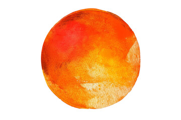 Vibrant orange watercolor painting of a circular sun, showcasing artistic brush strokes and fiery hues. isolated on a white background, transparent background.