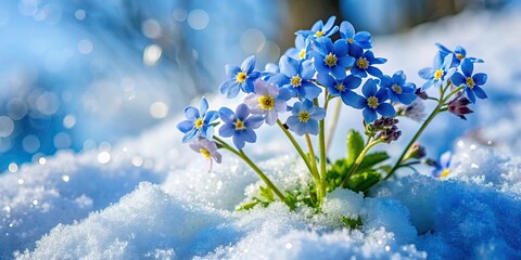 Wall Mural - Forget-me-not flowers blooming in a snowy landscape , forget-me-nots, blooms, cold, winter, snow, white, blue, petals