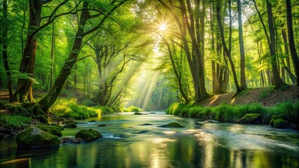 Sticker - Lush green forest with a flowing river and sunlight streaming through the trees, nature, Earth, planet, environment, trees, foliage