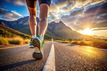 Runner feet running on road close up on shoe , beautiful views on background