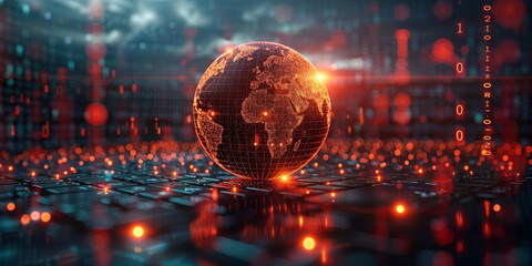 Global cyber security concept with digital closed pad lock, earth planet globe and binary code on modern laptop background, double exposure 