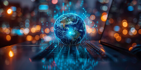 Global cyber security concept with digital closed pad lock, earth planet globe and binary code on modern laptop background, double exposure 