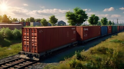 Cargo Train Traveling Through Rural Landscape On Sunny Day.