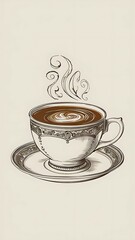 A vintage-style vector illustration for a t-shirt, showcasing a detailed coffee cup with a beautiful  