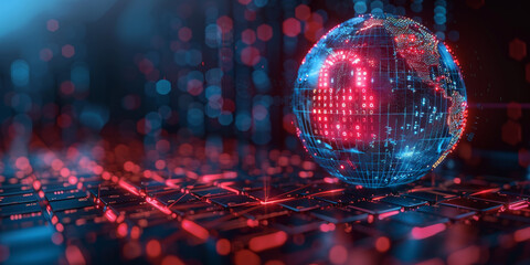 Global cyber security concept with digital closed pad lock, earth planet globe and binary code on modern laptop background, double exposure 