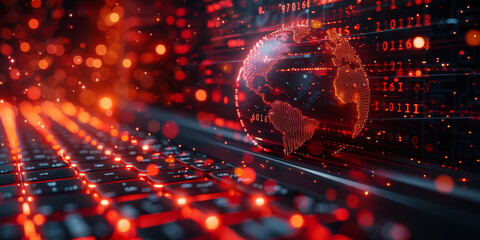 Global cyber security concept with digital closed pad lock, earth planet globe and binary code on modern laptop background, double exposure 