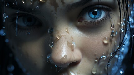 Sticker - a close up of a womans face with water droplets on her face