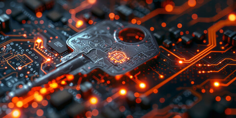 Key icon on digital circuit board background. Digital security and data protection concept.  