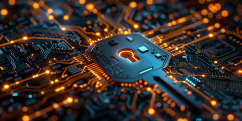 Key icon on digital circuit board background. Digital security and data protection concept.  