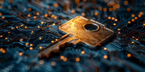 Key icon on digital circuit board background. Digital security and data protection concept.  