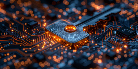 Key icon on digital circuit board background. Digital security and data protection concept.  