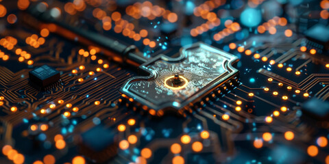 Key icon on digital circuit board background. Digital security and data protection concept.  