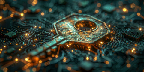 Key icon on digital circuit board background. Digital security and data protection concept.  