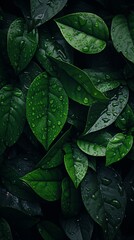 Wall Mural - a close up view of green leaves with water droplets