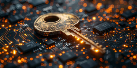 Key icon on digital circuit board background. Digital security and data protection concept.  