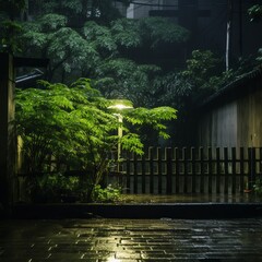 Sticker - a dark alleyway with a wooden fence and a tree in the rain